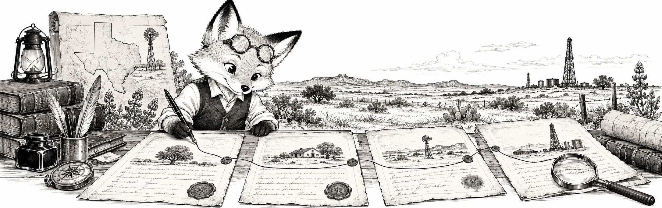 Deedfox, a fox investigator tracing a chain between archived deeds against an open prairie.