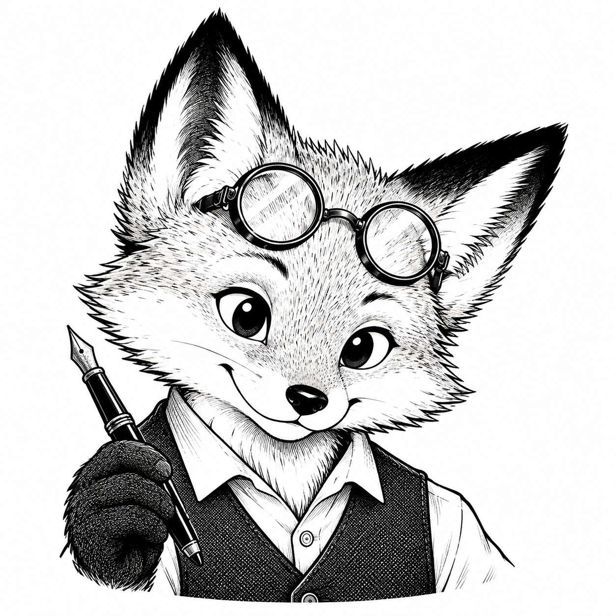 Deedfox’s manga fox investigator with spectacles and a fountain pen.