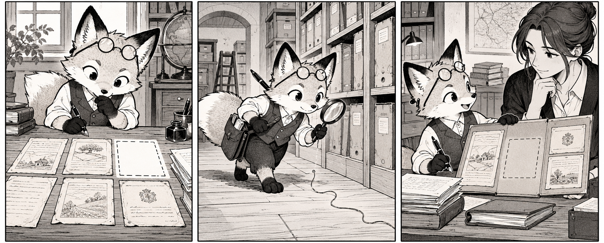 A fox investigator follows recorded references and identifies a missing record for review.