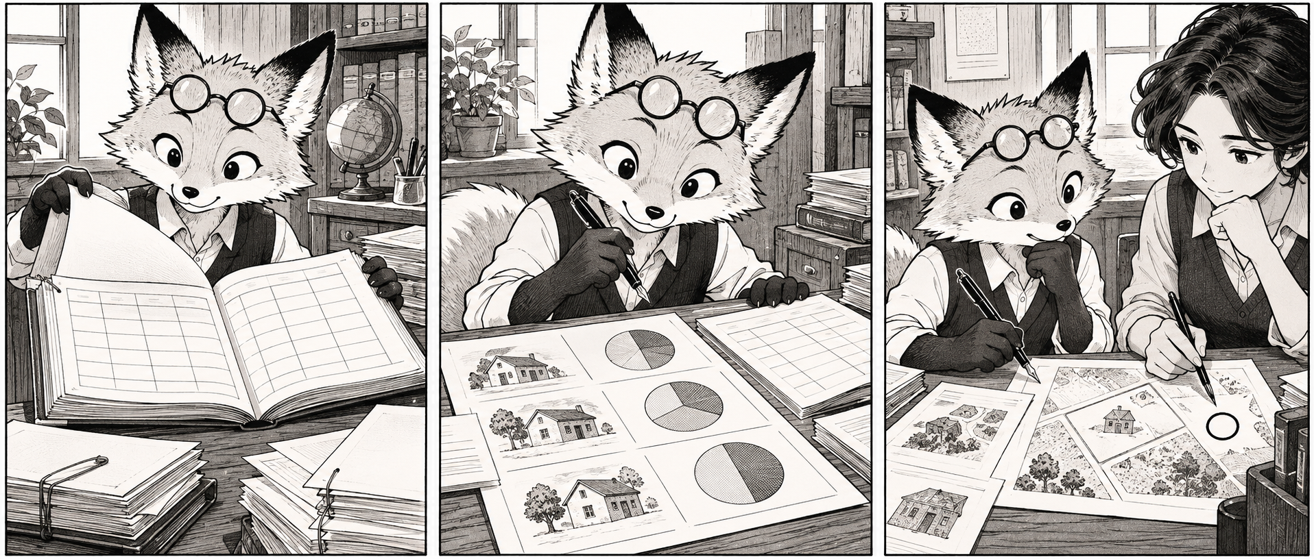 The fox investigator checks a ledger and fraction calculations against recorded evidence.