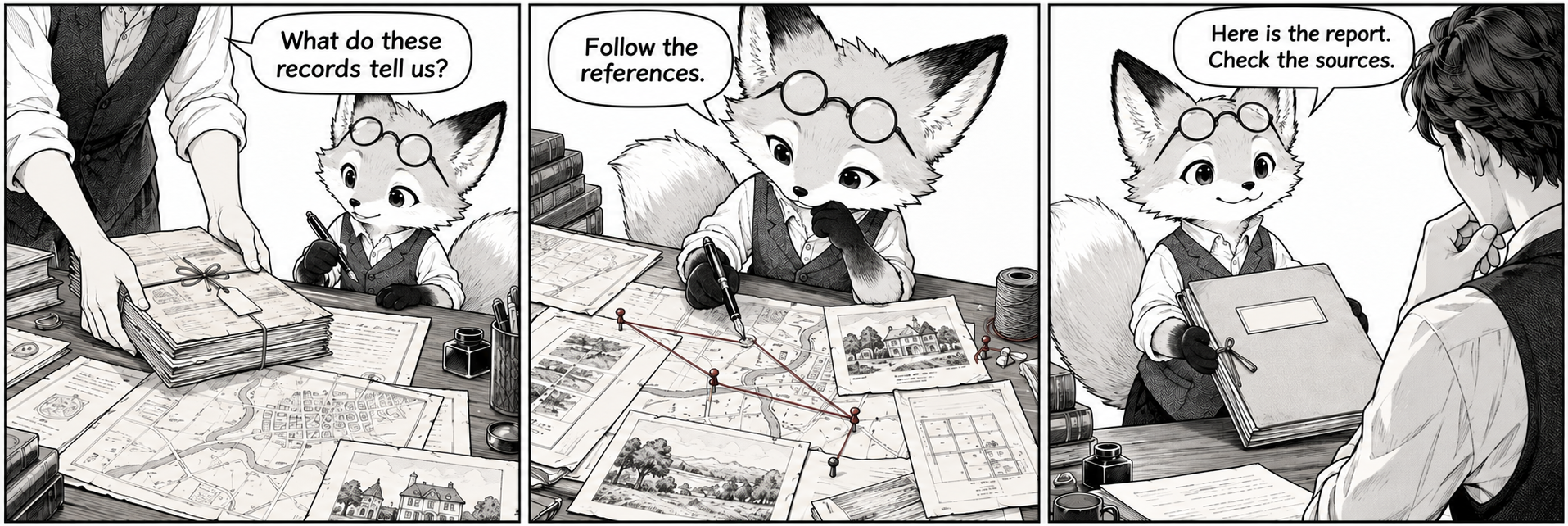 Three fictional manga scenes: “What do these records tell us?” “Follow the references.” “Here is the report. Check the sources.”